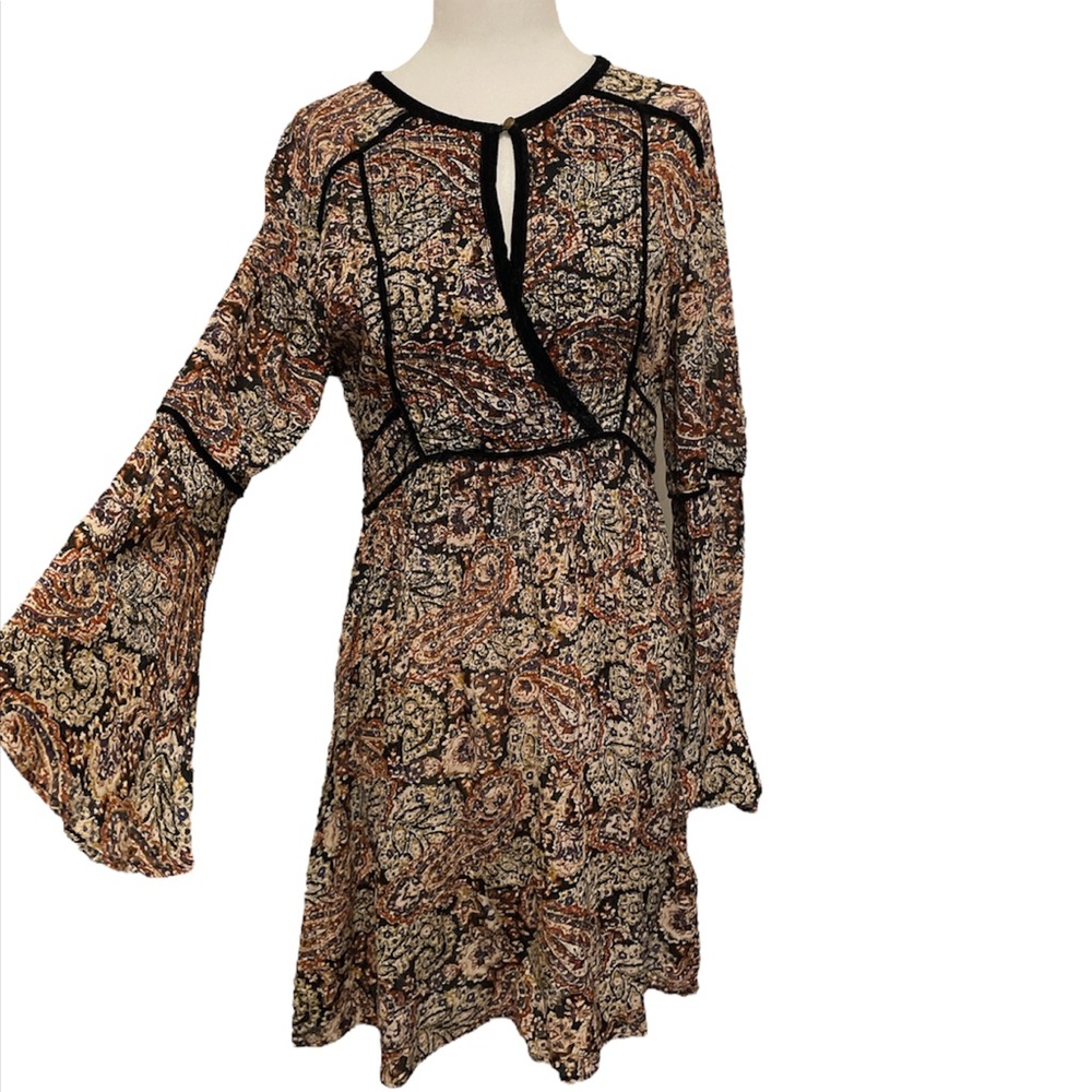 Paisley boho bell sleeve wrap dress with velvet trim